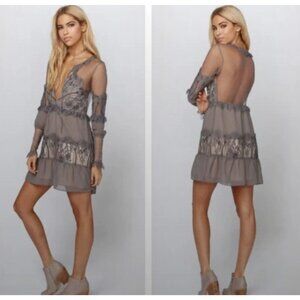 NEW For Love & Lemons Womens Medium Alexa Sheer Mesh Long Sleeve Mini Dress